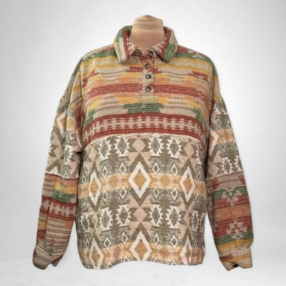 EASEL Print Fleece Raw Edge 4-Button Oversized Pullover, NWT! Size LARGE - Picture 1 of 8